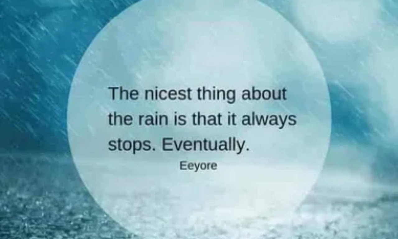 Rain quotes written over a peaceful rainy landscape with falling raindrops.