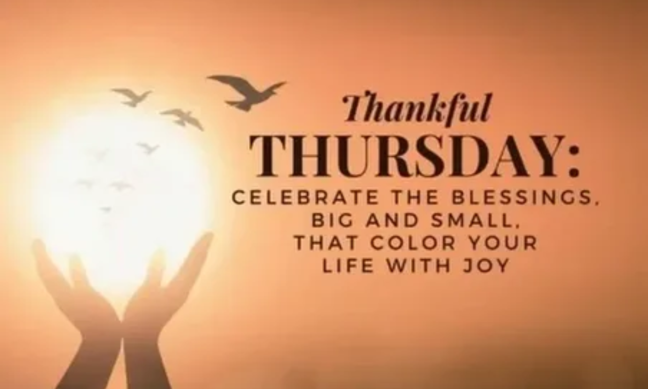 Thursday blessings featuring a warm sunrise and an uplifting prayer for a joyful day.