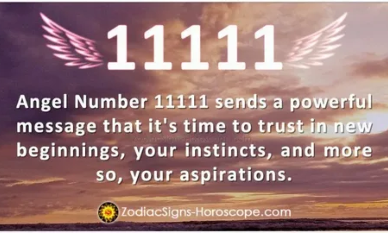 Golden 11111 angel number against a peaceful sky background