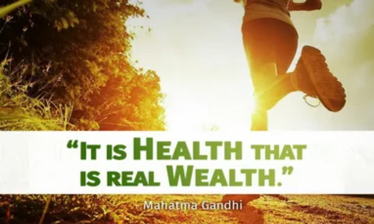 Health is wealth quotes with calming scenery encouraging physical and mental well-being.