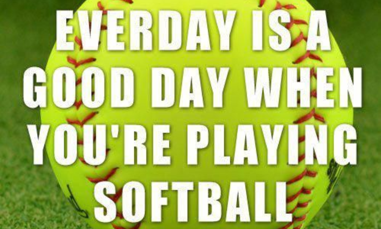 Encouraging softball quotes paired with sports equipment to inspire confidence and hard work.