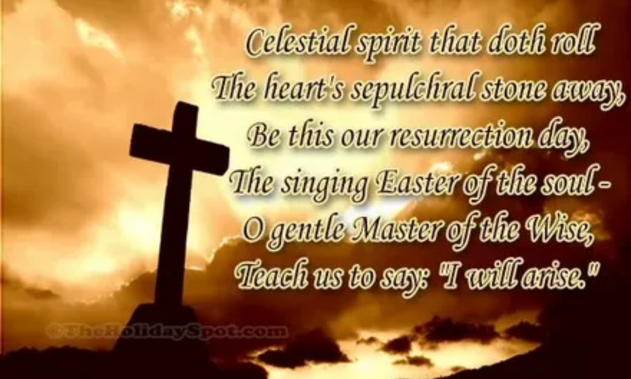 Religious Easter quotes featuring Easter lilies, eggs, and a bright morning sky