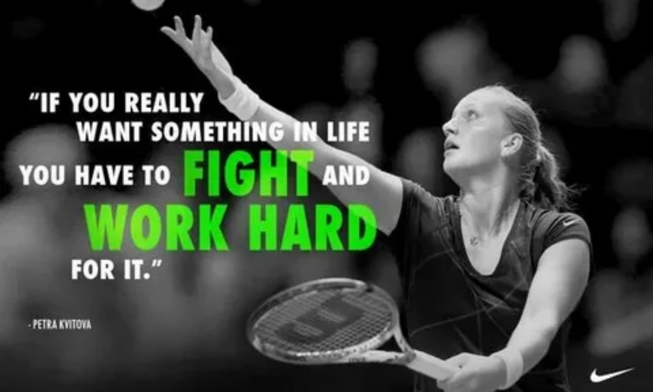 Player practicing serves with tennis motivational quotes about hard work, discipline, and success.